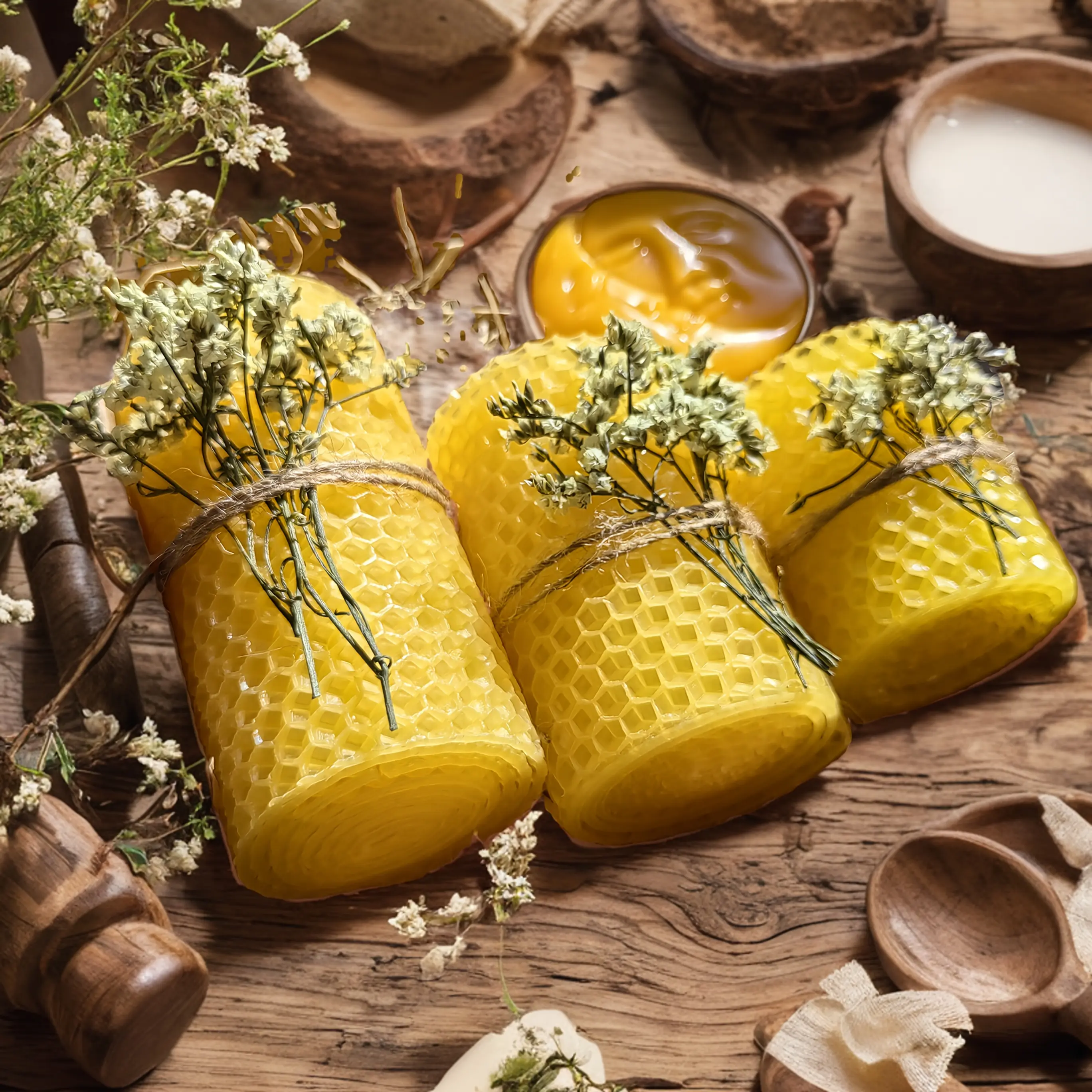 4pcs handmade honeycomb textured natural beeswax pillar candle set with dried flower decor long total 60h burn time rustic vintage home ambient lighting souvenir gift for halloween christmas valentine housewarming
