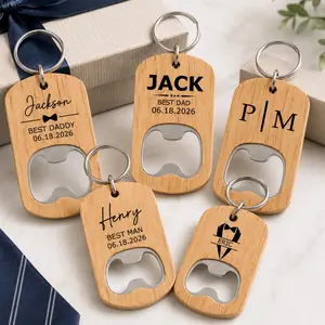 Personalized Wooden Bottle Opener Keychain Custom Name Date Initials Portable Key Ring Metal Opener Fathers Day 2026 Gift For Dad Gift For Husband Gift For Him Best Man Groomsmen Wedding Party Birthday Gift