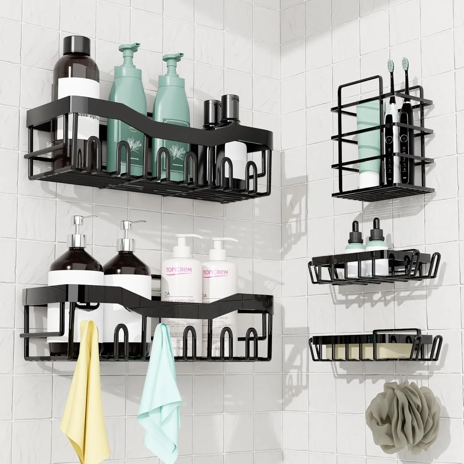 GD Adhesive Shower  5 Pack  Rustproof Stainless Steel No-Drill Bathroom Organizer Shelves with Large Capacity,  Storage Racks for Shower, Kitchen, Dorm, Apartment, and