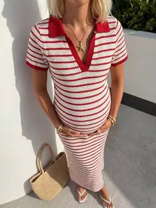 MaterniRIO Red Collared Striped Maternity Dress - Slim Fit Summer Outfits for Pregnant Women