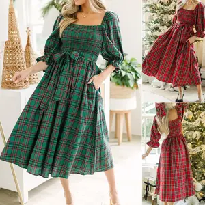 Women’s plaid print A-line dress, retro long-sleeve U-neck mini dress with pockets for Christmas parties, ladies’ clothing for indoor and outdoor wear, women’s daily wear, polyester