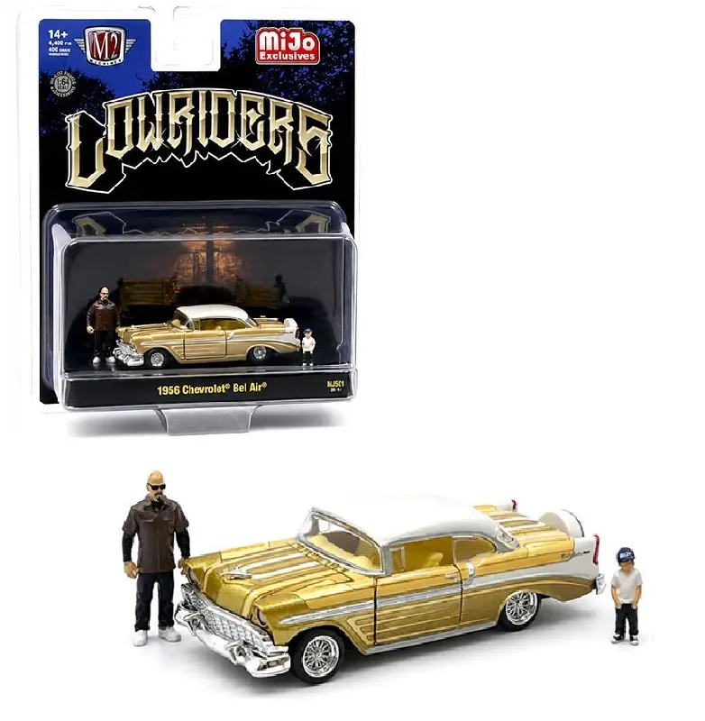 M2 MACHINES 1/64 1956 CHEVROLET BEL AIR LOW RIDERS w/ DAD & SON FIGURES GOLD DIECAST MODEL 67500-MJS03-6B