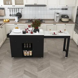 ARCH 74.8" Kitchen Island with Extendable Dining Table, Marble Veneer Top & Built-in Power Outlet - Mobile Storage Cart with 3 Drawers & Cabinet, Rolling Kitchen Cart for Dining Room, Black