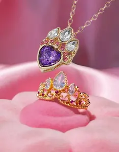 2pcs/Set Rapunzel Crown Rings Princess Ring Heart Necklace For Woman Fashion Wedding Jewelry Accessories Gold Plated Adjustable Rings Gift