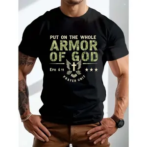Men'S Christian Faith T-Shirt - "Put On The Whole Armor of God" Ephesians 6:10-18 Bible Verse, Cross & Shield Design, Heavyweight Regular Fit Casual Black Tee for Church