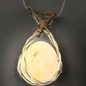 All Natural Yellow Quartz Hand Braided Stainless Steel Wire Wrapped Pendant Necklace with Tarnish Resistant Copper Wire and Silver Plated Rope Chain