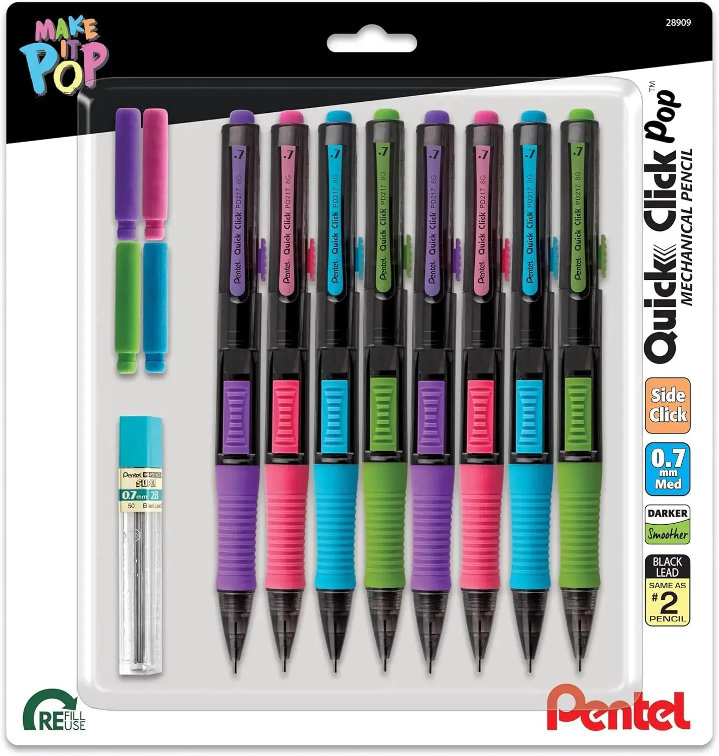 Pentel QUICK CLICK POP Mechanical Pencil, 0.7mm, Assorted Packs with Lead and Eraser Refills