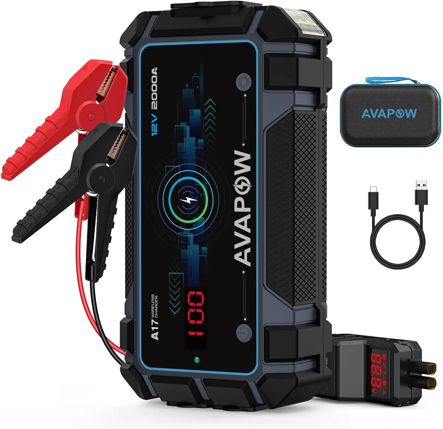 AVAPOW 2000A Portable Jump Starter–Dual USB Quick Charge 3.0, Force Start Function, Supports 8.0L Gas/6.5L Diesel, 12V Jump Box&Charging Rechargeable