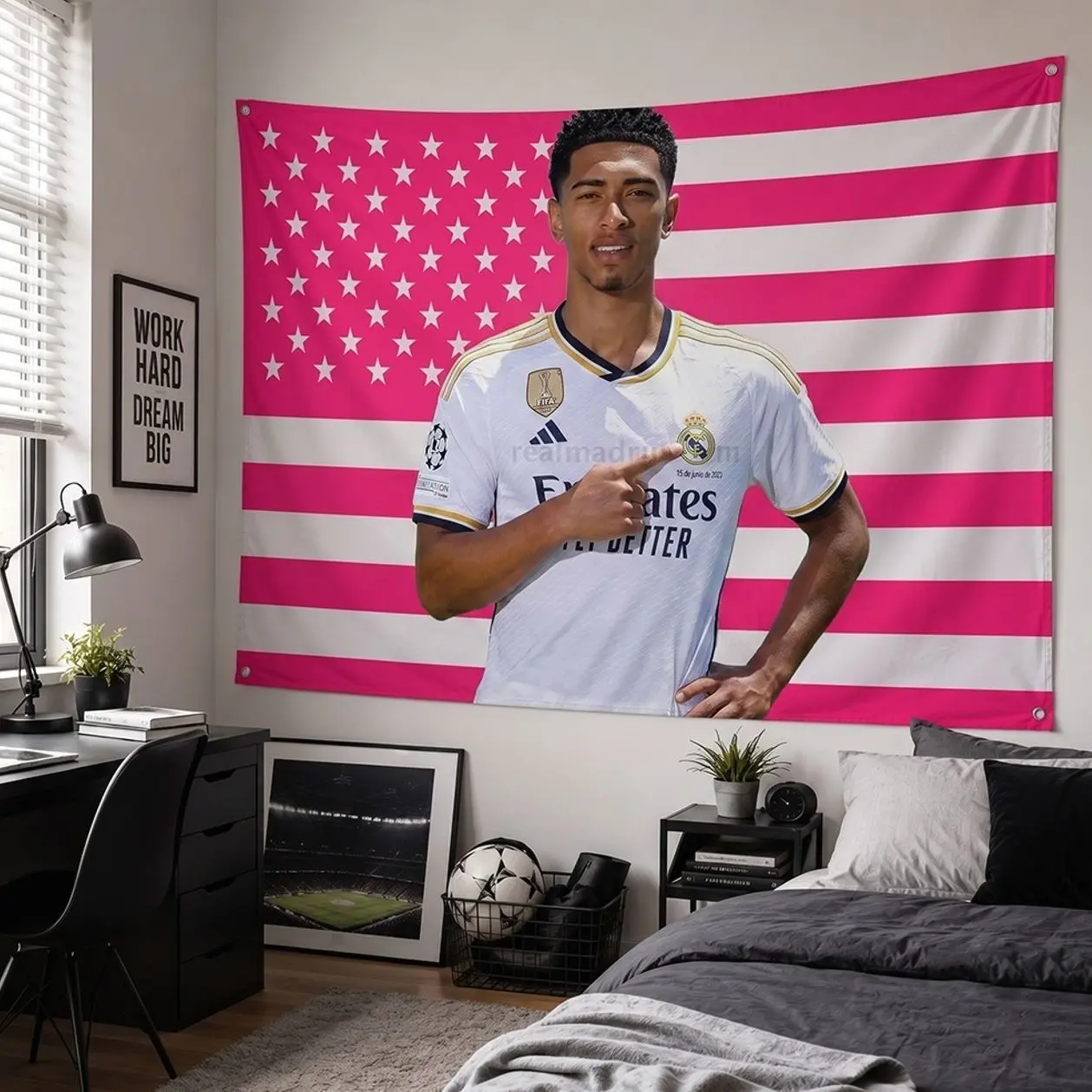 Jude Bellingham American Pink Tapestry Flag, Pink US Flag, Black US Flag, American & UK Flag, Football Star Wall Decor, Soccer Fan Gift