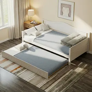 Twin Daybed with Trundle, Solid Wood Day Bed with Slats Support, Integrated Headboard & Armrests, Modern Trundle Bed for Living Room, Bedroom, Guest Room, No Box Spring Needed