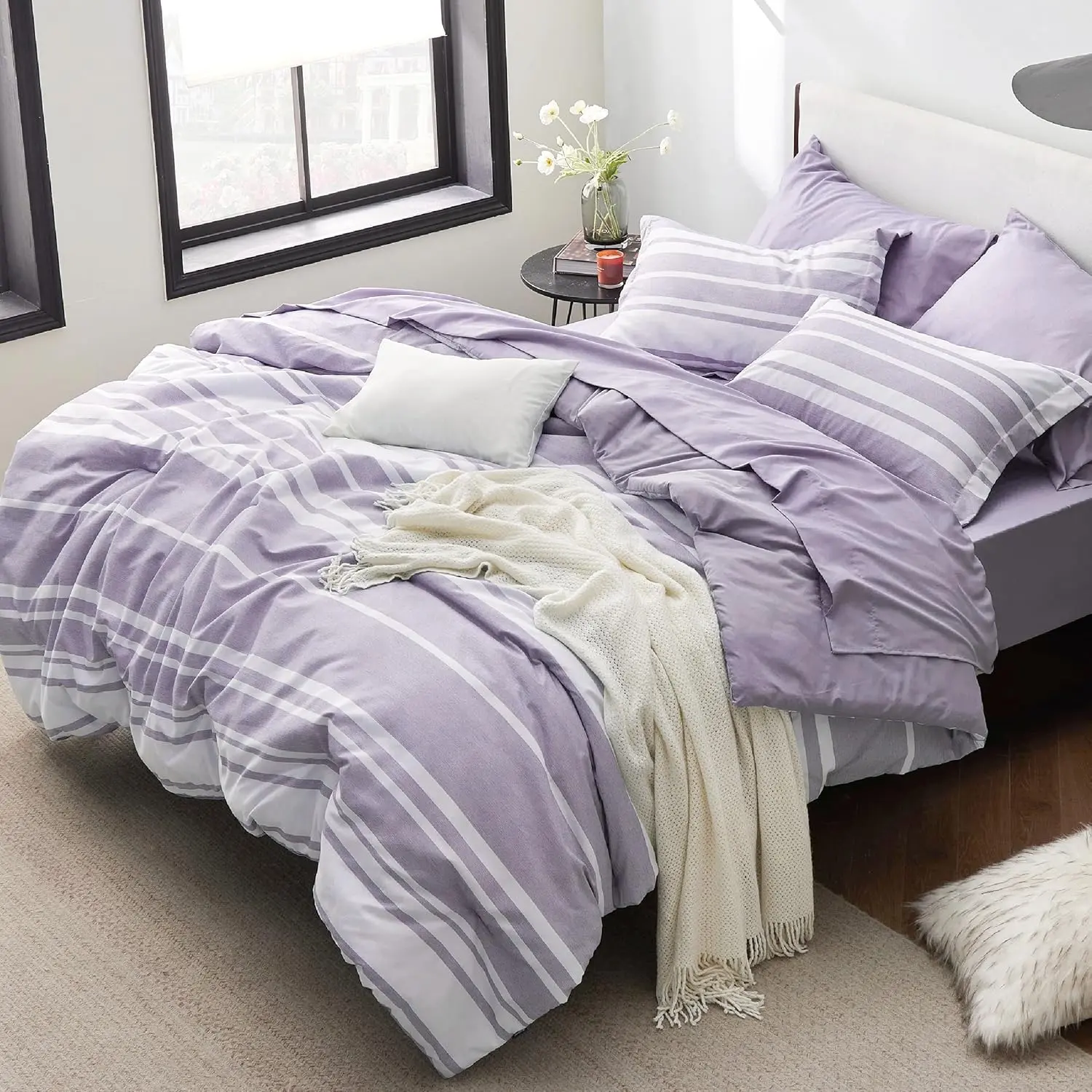 Queen Size Purple Striped Minimalist Modern Reversible Double Cationic Dyeing All-Seasons Bedding Set - 1 Comforter, 2 Pillowcase Shams, Fluffy Fill, Machine Washable