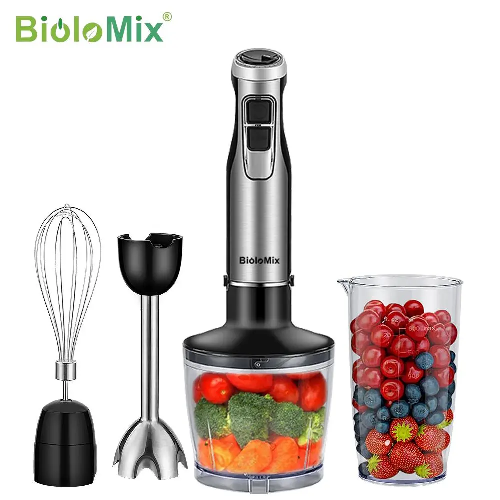 BioloMix BHB1200 Stainless Steel Handheld Immersion Blender - 4-in-1 1200W High Power Stick Blender with Detachable Shaft, Ice Blades, Chopper, Smoothie Cup, Push Button, 6-Speed, Whisk Attachment, Turbo Function for Family, Infant Food, Handheld Type