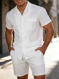 Men's Spring Summer Two-Piece Set, Single-Breasted Shirt & Drawstring Shorts, Casual Regular Fit, Vacation Style Men's Clothing