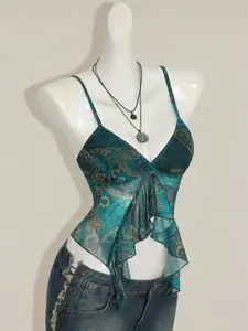 ARTYOTI Women's Millennial Y2K Sexy Bohemian Retro Teal Paisley Print Asymmetrical Hem Ruffled V-Neck Slim Fit Camisole