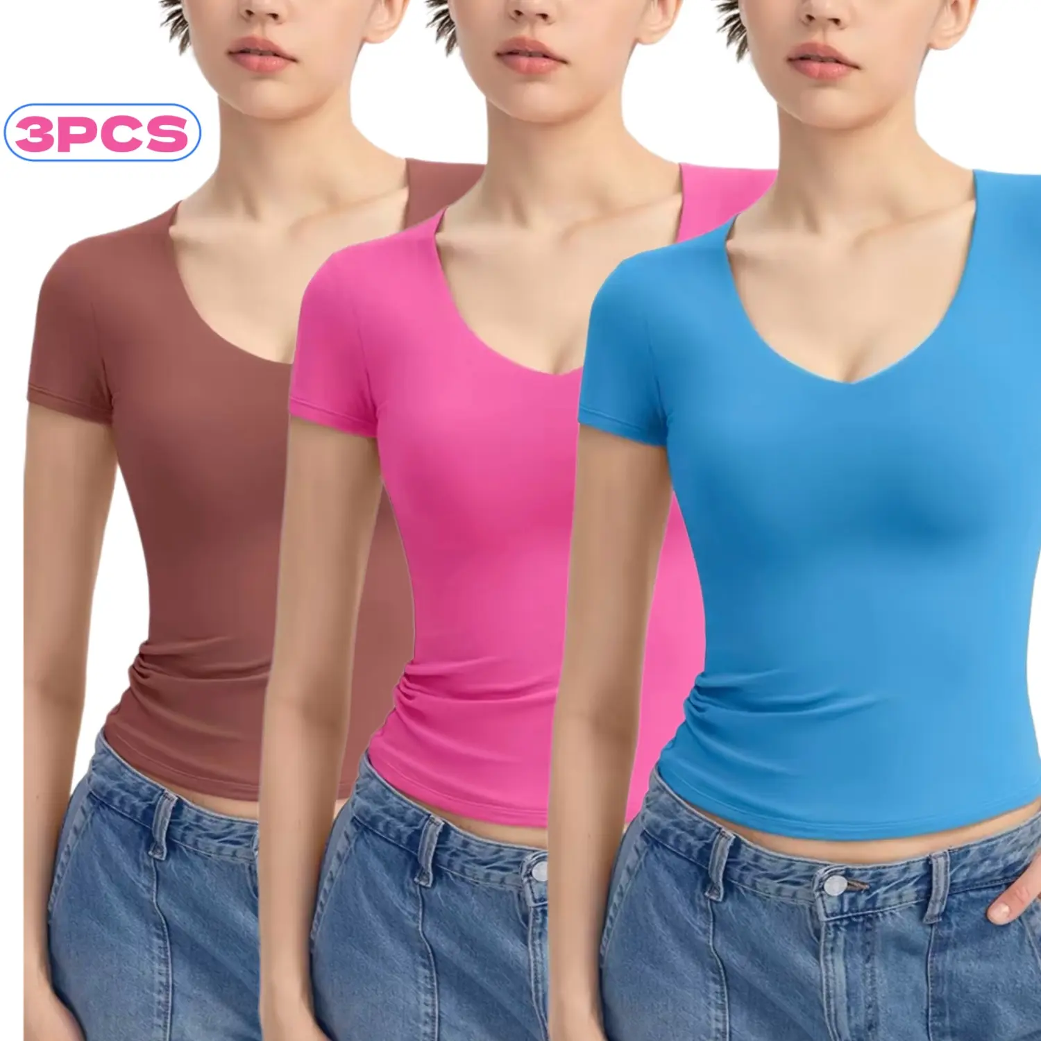 PUMIEY Women's Basic Shortsleeve Bodysuit, Slimming Fit Scoop Neck Double-Layer Top for Casual Streetwear