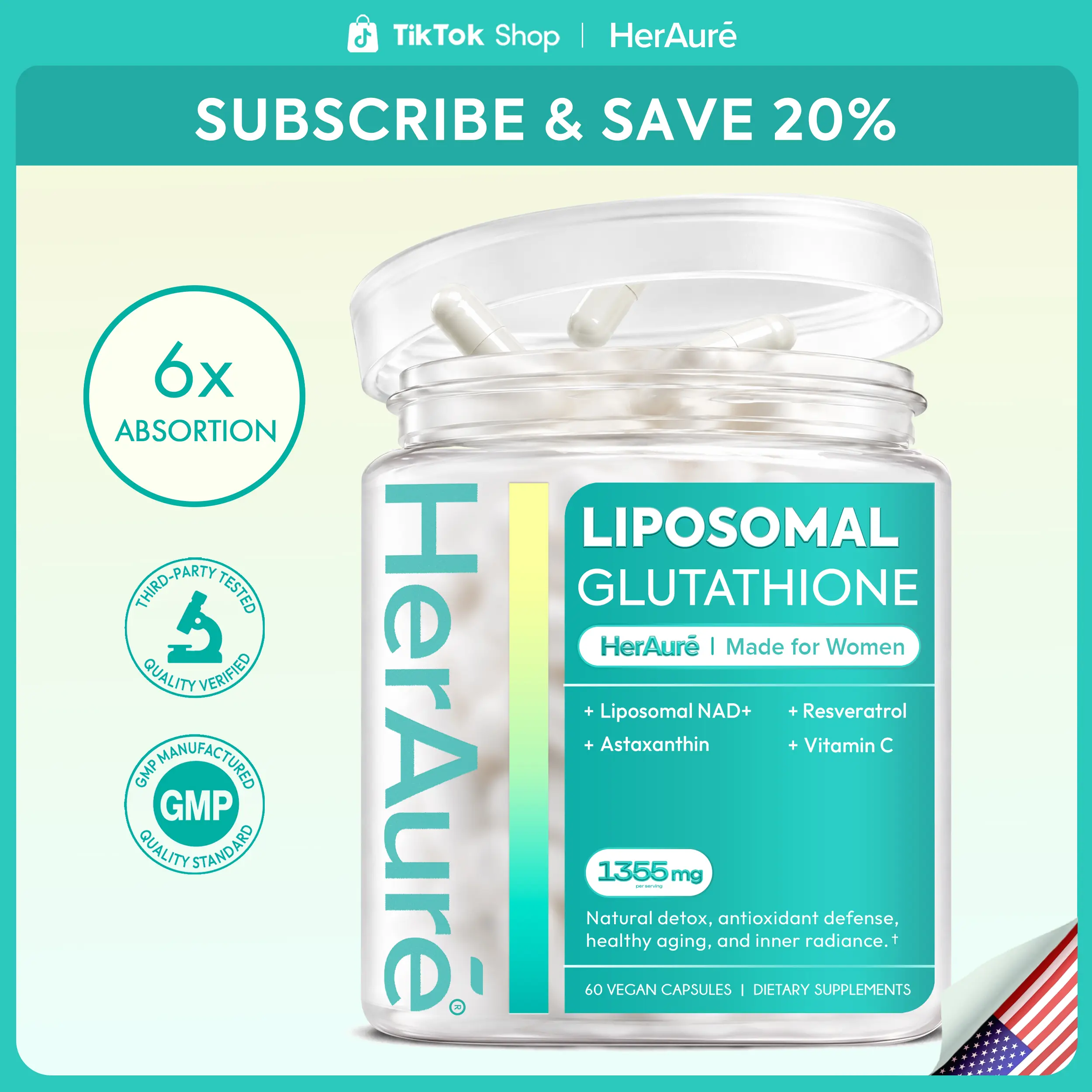 HerAuré Liposomal Glutathione 1355mg - Glutathione Supplement with Resveratrol, NAD+, Vitamin C & Astaxanthin - Ultra-High Absorption for Healthy Skin, Oxidative Stress Defense, Immune Support, Daily Energy & Liver Detox Support