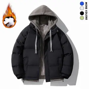 Men's Thick Warm Full Zip Jacket with Drawstring Hood, Two-Piece Look Winter Coat, Loose Fit Vintage Ski Cotton Coat, Machine Washable Outdoor Apparel, Suitable for Hiking, Skiing, Christmas, and Outdoor Activities Menswear Tops