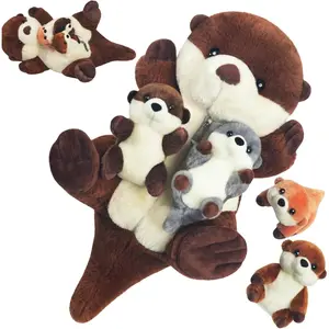 5 PCS Sea Otter Stuffed Animals, Large Mommy Otter Plush with 4 Babies Inside, Soft Cuddly Otter Plushies Pillow Toy Gift for Kids Easter Birthday Christmas Ocean Party