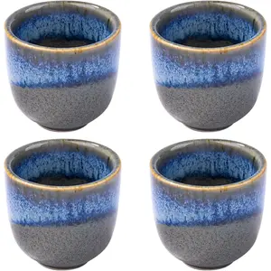 Ceramic Sake Cups Blue and Gray Glaze Saki Cup Set of 4 Traditional Handcrafted Saki Tasting Cups Elegant Mini Tea Cups for Espresso & Dips