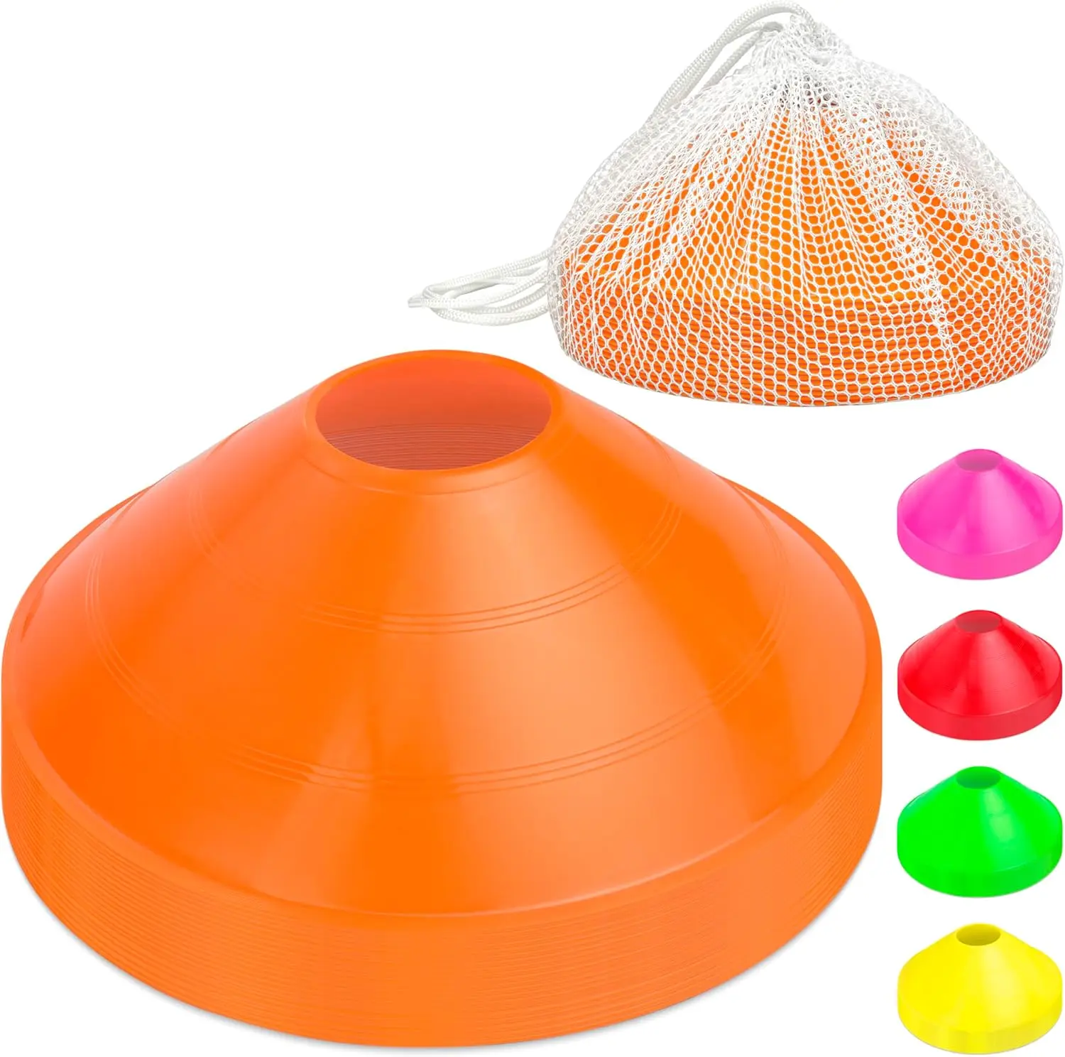 Disc Cones 20 Pack - Durable Flexible Plastic Agility Markers with Safe Flat Profile for Coaches, Gyms & Camps - Includes Mesh Drawstring Bag, Flat Profile Design, Training Sessions, Retains Shape, Playground Games, Safe Alternative To Hard Cones, Schools