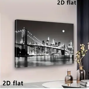 1pc Brooklyn Bridge Canvas Wall Art - Black and White NYC Skyline Night Cityscape Painting, Minimalist Monochrome Decor with Easy Hanging, for Living Room, Office, Birthday/Anniversary Gifts - Modern Home Decoration, 2D Flat	
