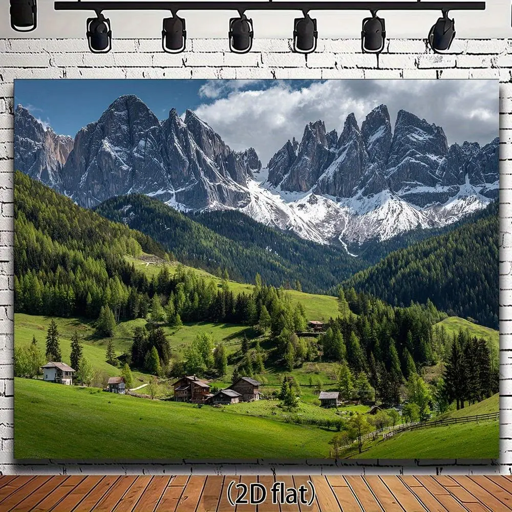 1pc Large 2D Flat Snow-Capped Alps Mountain Forest Backdrop - Snow-Covered Peaks, Lush Green Fields, Alpine Houses - Self-Adhesive Wallpaper Decoration for Home, Photo Backdrop