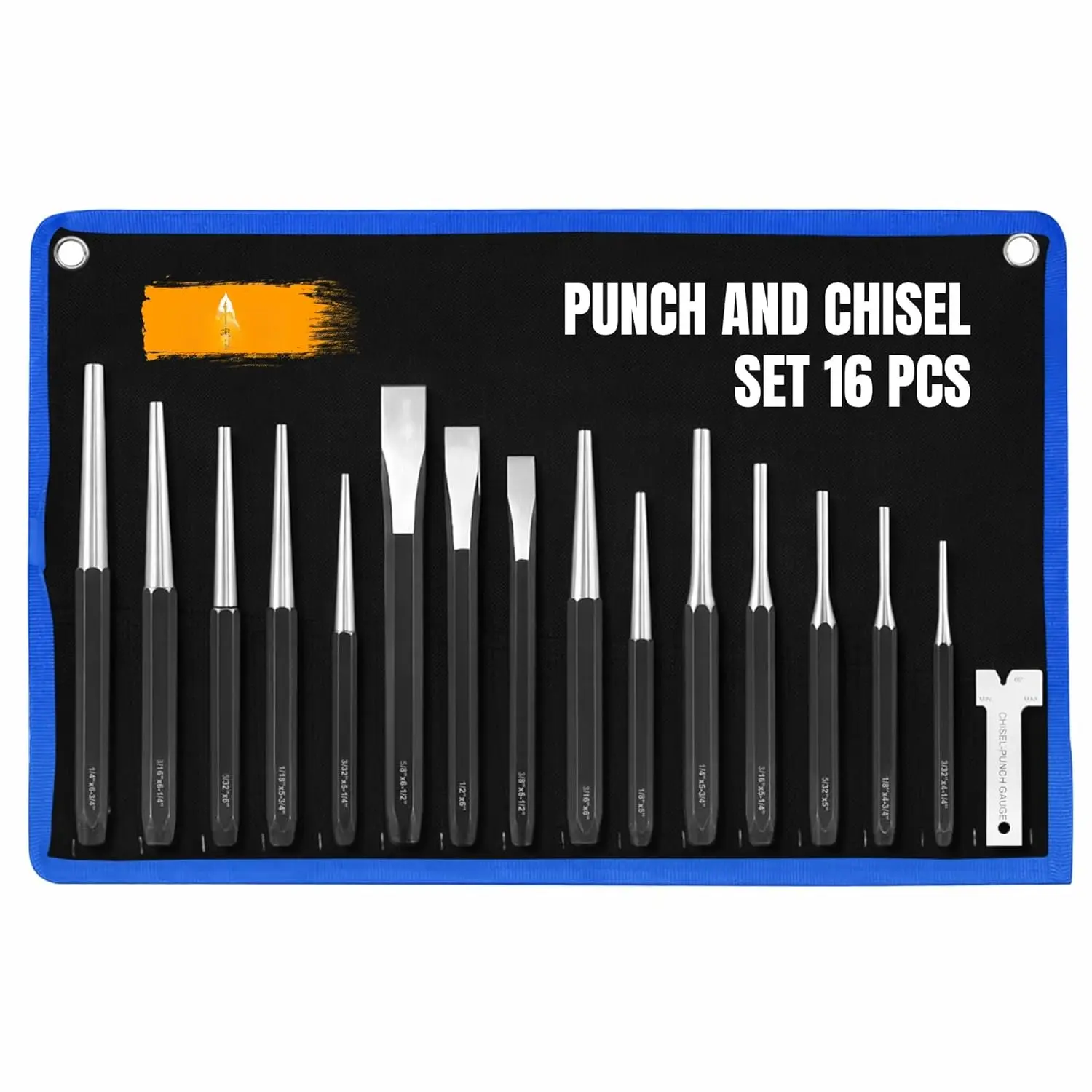 Punch and Chisel Set 16 count - Chrome Vanadium Steel Punch Set with Pin Punches, Center Punch & Chisels, Multi-Size Tool Kit with Storage Pouch for Automotive, Metal & DIY Projects