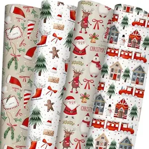 Christmas Wrapping Paper for Kids - Xmas Wrapping Paper Set with Watercolor Santa, Polar Bears, Trains, Gingerbread Holiday Designs - 6 Jumbo Sheets, Each 28 x 40 Inches, Easy Storage