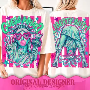 Comfort Colors 2 Sides 'Guess What Liberty Butt' Heritage Graphic Tee, Aesthetic Preppy Funny Statue Of Liberty Spirit Shirt, Radiant Girly USA Stripes Top, Thoughtful Boutique Matching Holiday Heritage Apparel