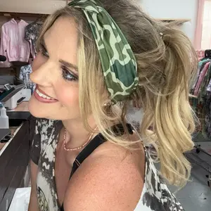 Buttery Soft Green Camo Front Knot Headband | Stretchy Legging Material Hair Band