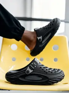 1 Pair Men's 2-Way Wear Thick Sole Clogs Breathable Hollow Upper Adjustable Heel Strap For Indoor And Outdoor Daily Wear