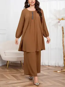 Spring Summer Fall Winter Fashion Long Sleeve Top & Wide Leg Pants Set, Elegant Plain Color, Loose Fit, Suitable for Various Occasions