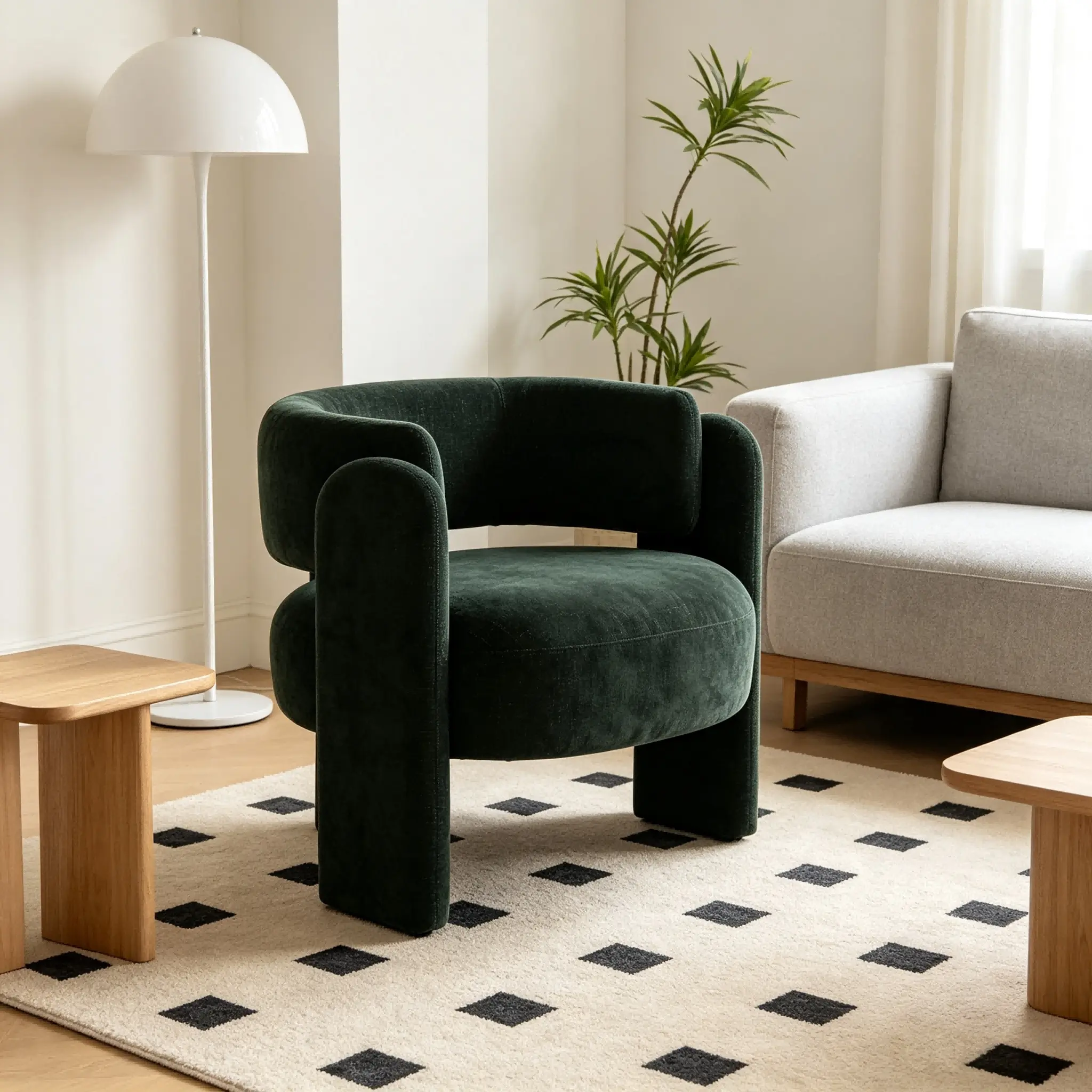 Sculptural Barrel Lounge Chair with Hollow Cutout Back, Textured Fabric Upholstery, Block Legs, Green – Single Accent Seat for Living Room, Bedroom, or Office