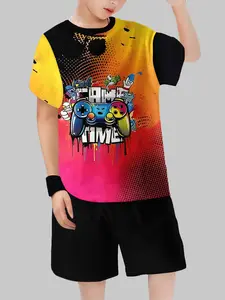 Boys' Colorblock Game Time Gaming Cartoon Print Short Sleeve Two-Piece Set, Clothing Sets, Casual Fitted Crop Top, Trendy Summer