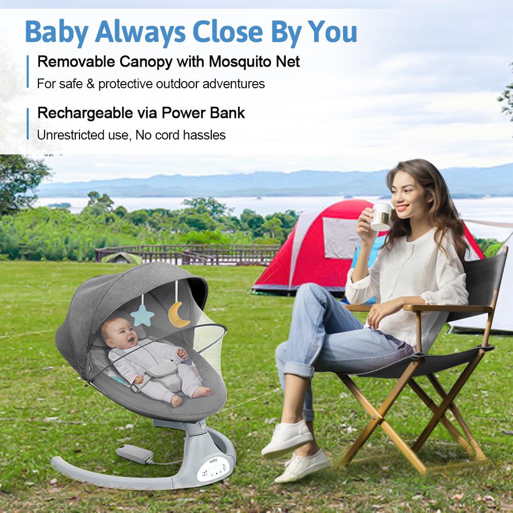 COMOMY Baby Swing for Infants with 5 Natural Sway Speeds, Portable Bt Music Baby Swing with Remote Control & 5-Point Harness, Hands-Free Baby Soother, Lightweight Baby Rocker for 5-20 Lb, 0-6 Months, Grey, Valentine's Day