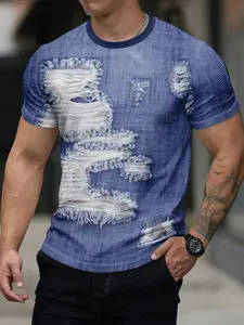 Men's Vintage Faded Denim Short Sleeve T-Shirt, Ripped Jeans Print, Casual Streetwear Slim Fit Fitted, Long Clothing, 3D Edged Printed Tee