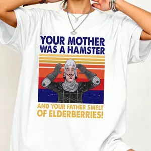 Women's Casual Short-Sleeve Monty Python Quote T-Shirt, Funny "Your Mother Was A Hamster" Graphic Tee, Comfortable Fabric Retro Comedy Movie Fan Gift
