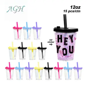 AGH [New Arrived] 15pcs 12oz Rainbow Color Kids Snow Globe Plastic Cups Double Wall Acrylic Tumblers for DIY Glitter Gifts