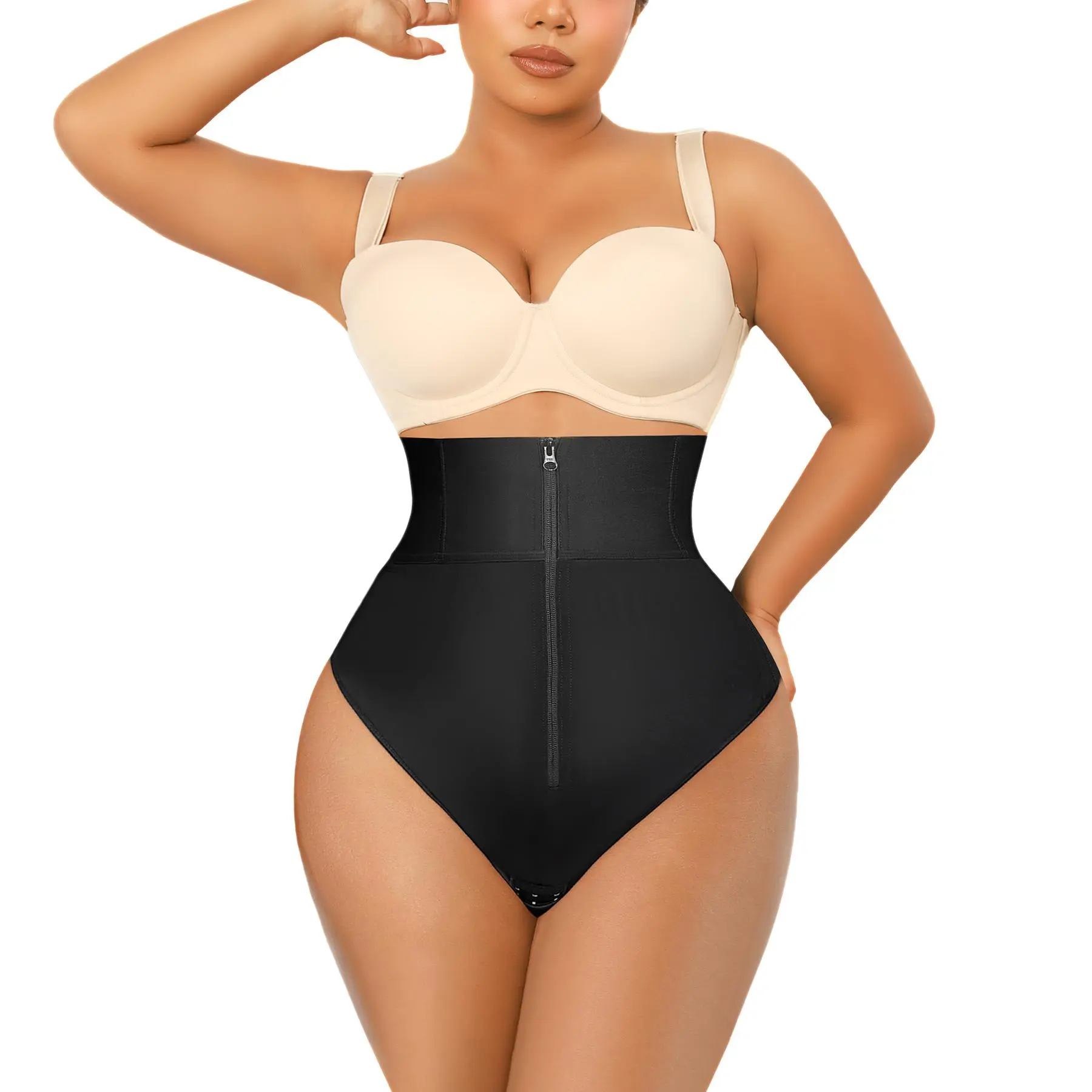 QOU Women's Colombian Faja Shapewear Thong, High Waist Body Shaper for Slimming Tummy Control & Smooth Compression with Zipper & Hooks