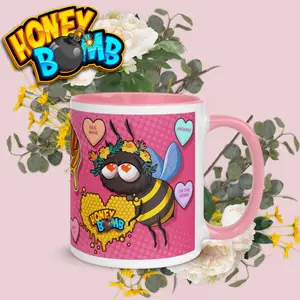 Honey Bomb Valentine's Day Mug - Ceramic Drinkware with Bee Design, Pink Handle, Reusable & Washable, Ideal for Coffee and Tea