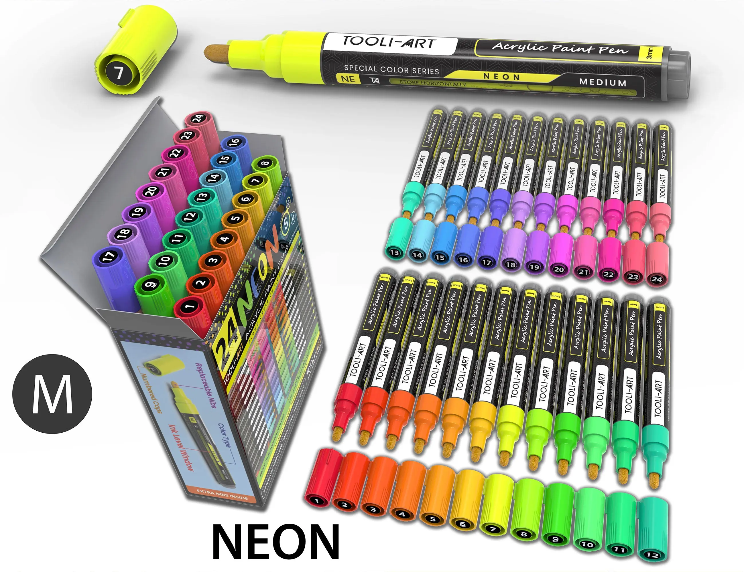24 Neon Fluorescent Acrylic Paint Pens Markers Set 3mm (MEDIUM)