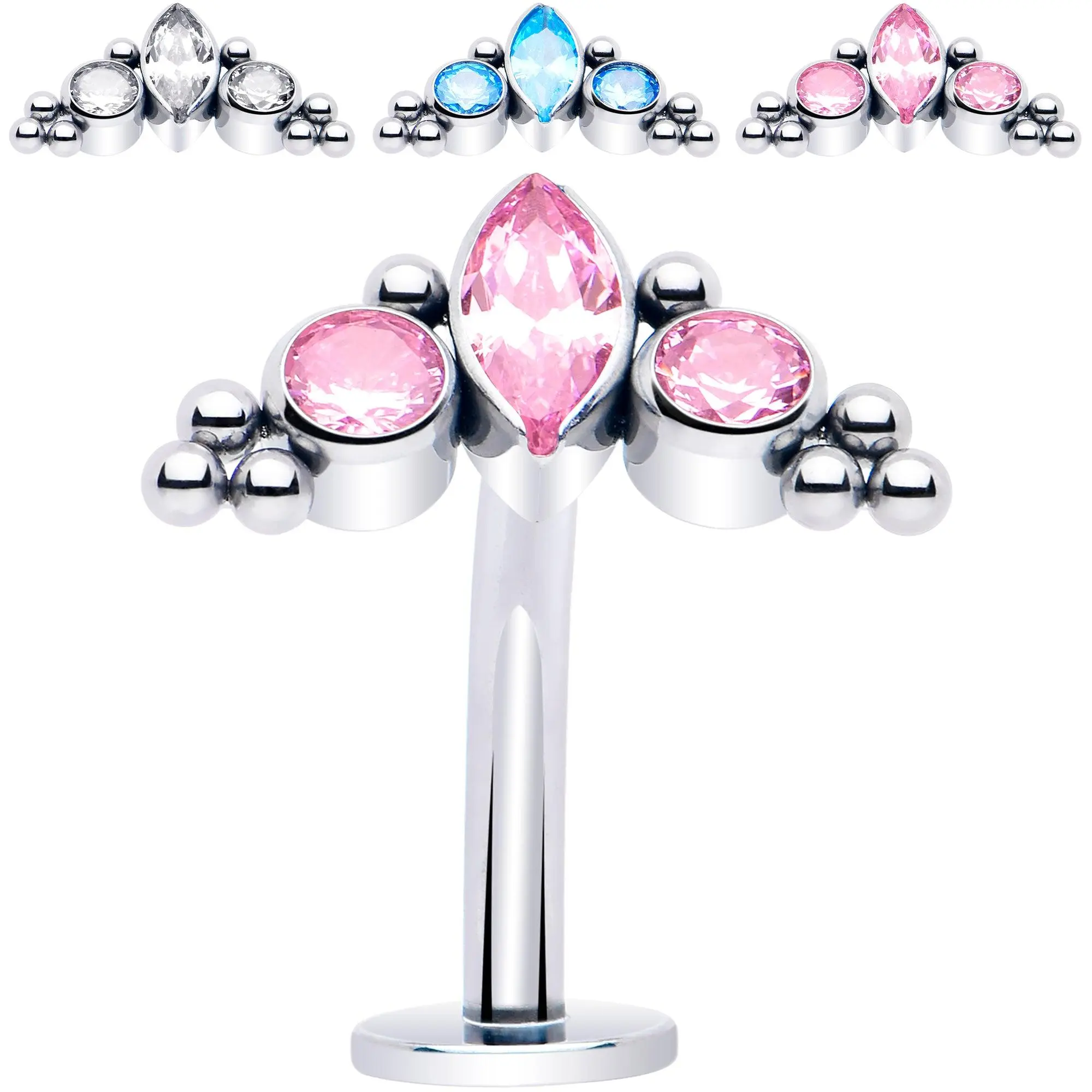 Gem Trio Titanium Push In Threadless Floating Belly Ring - Hypoallergenic 14 Gauge with Trio of Color Gems, Curved Post with Convex Disc End