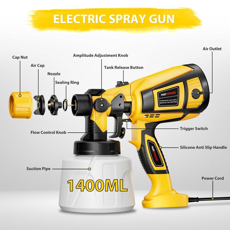 1000W HVLP Spray Gun Electric with 4 Nozzles for House Furniture Cabinets Walls Doors Fences High Efficiency Easy Clean Beginner Friendly