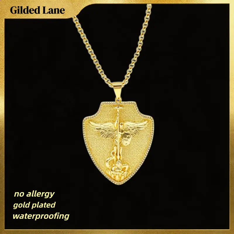 Patron Saint Gold-Plated Emblem Necklace, 23.62" Box Chain Jewelry for Men - Catholic Christian Religious Amulet, Gold Chain Necklaces Gift for Costume Fashion Accessories, Box Necklace Necklaces