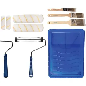 Pro Grade Paint Roller Kit 10 Piece Set, Brush and Roller Painting Supplies with Washable Reusable Rollers for Walls, Homeowners, Professionals, All Paints, Stains, Easy Cleaning and Superior Absorbency