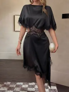 Black Satin Lace Patchwork Midi Dress Women One Piece Elegant Asymmetrical Hem Short Sleeve Slim Fit Waist Cinched Bodycon Silhouette Chic Formal Evening Party Dress Luxury Silk Look Cocktail Dress Fashion