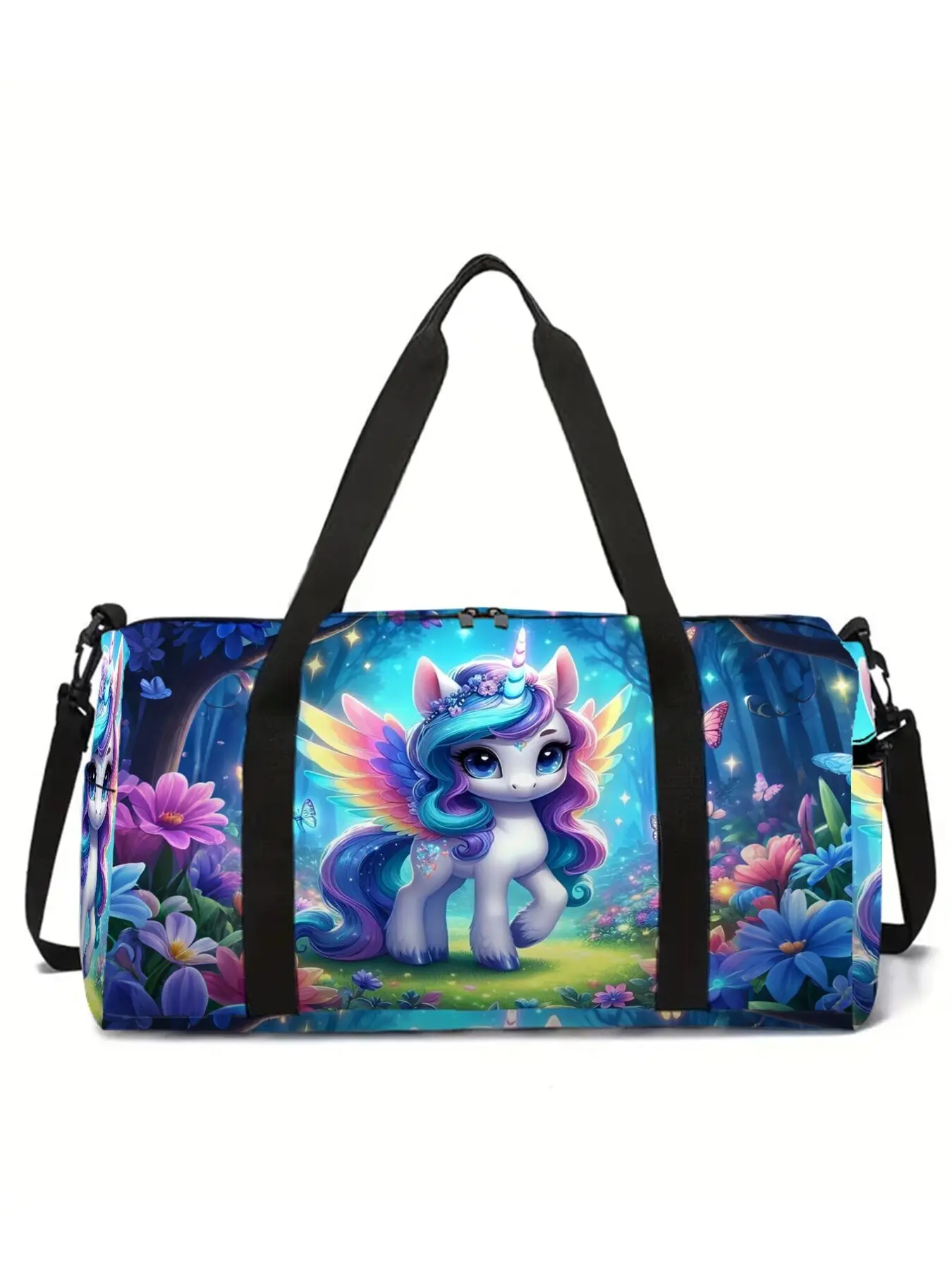 Large-capacity travel weekender duffel bag with unicorn and pony print, portable handheld storage bag