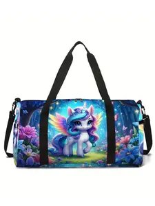 Large-capacity travel duffel bag with unicorn and pony print, portable handheld storage bag