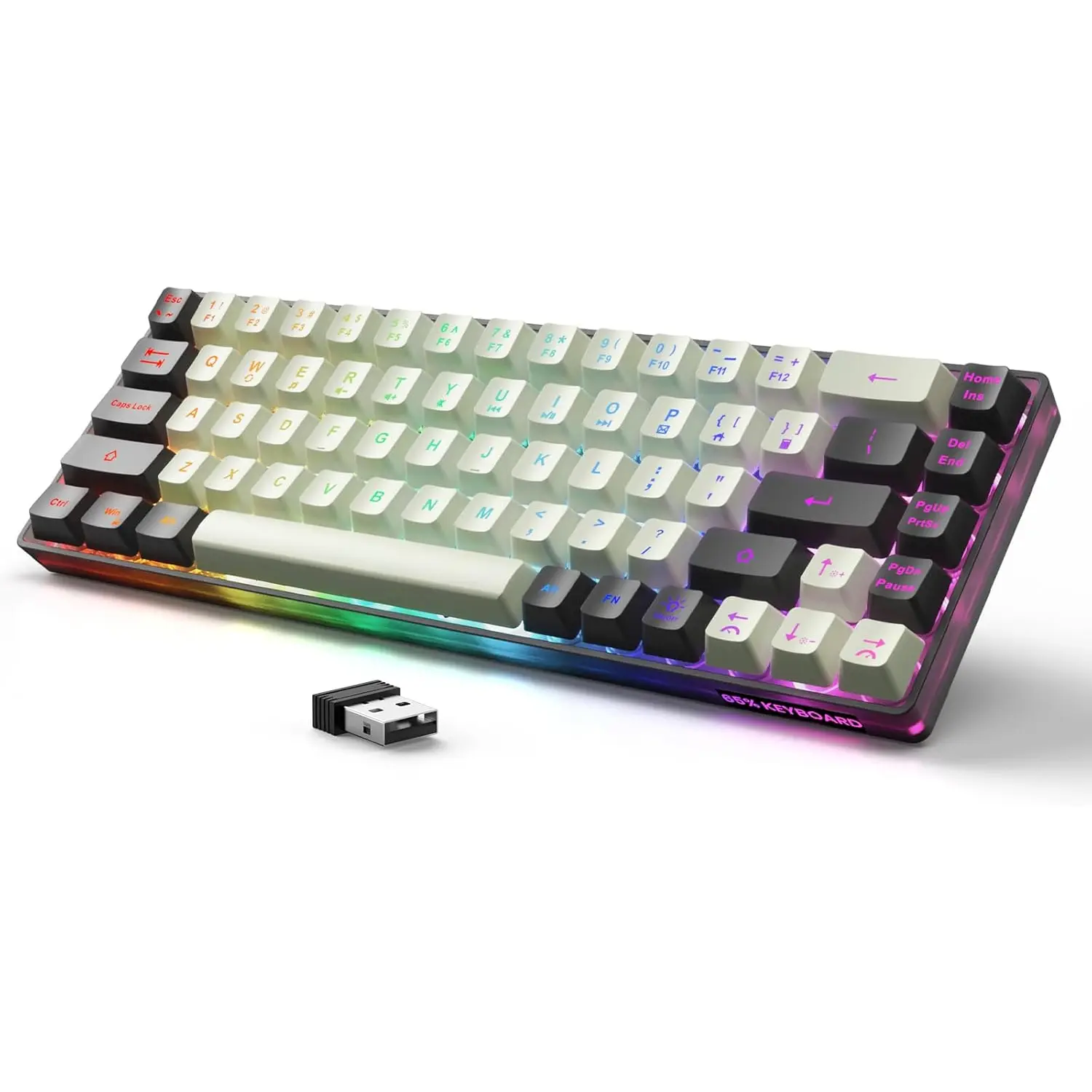 68-Key Layout 65% Ergonomic Mini KB Gaming Keyboard, 2.4GHz Wireless with USB Dongle, LED Backlit, Anti-Ghosting, Long-Lasting for Windows PC Laptops & Gamers (White-Black)