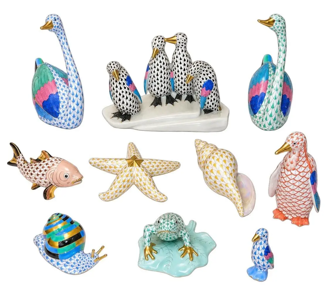 Set of Ten Herend Porcelain Aquatic Animal Figurines. Hungary, 20th Century.